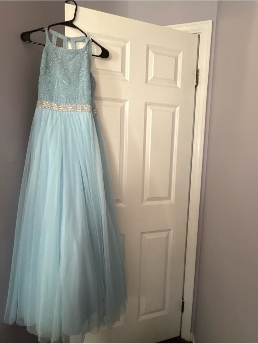 Light Blue Beaded Halter Dress for Prom